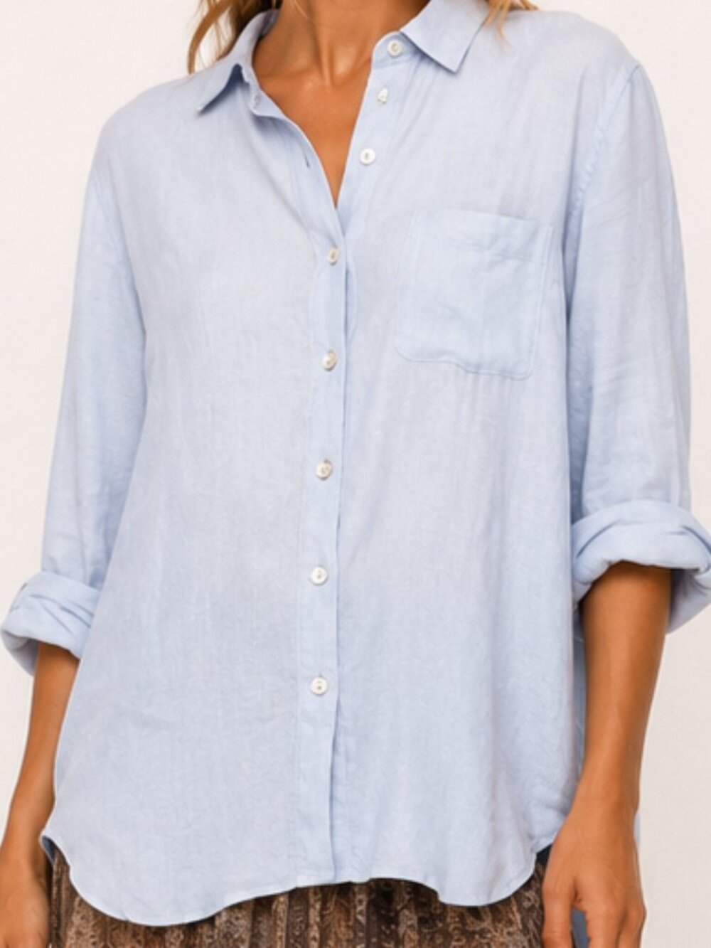 Bryn Walker Blue Linen Button Front Tunic Shirt Relaxed Lagenlook Size Large